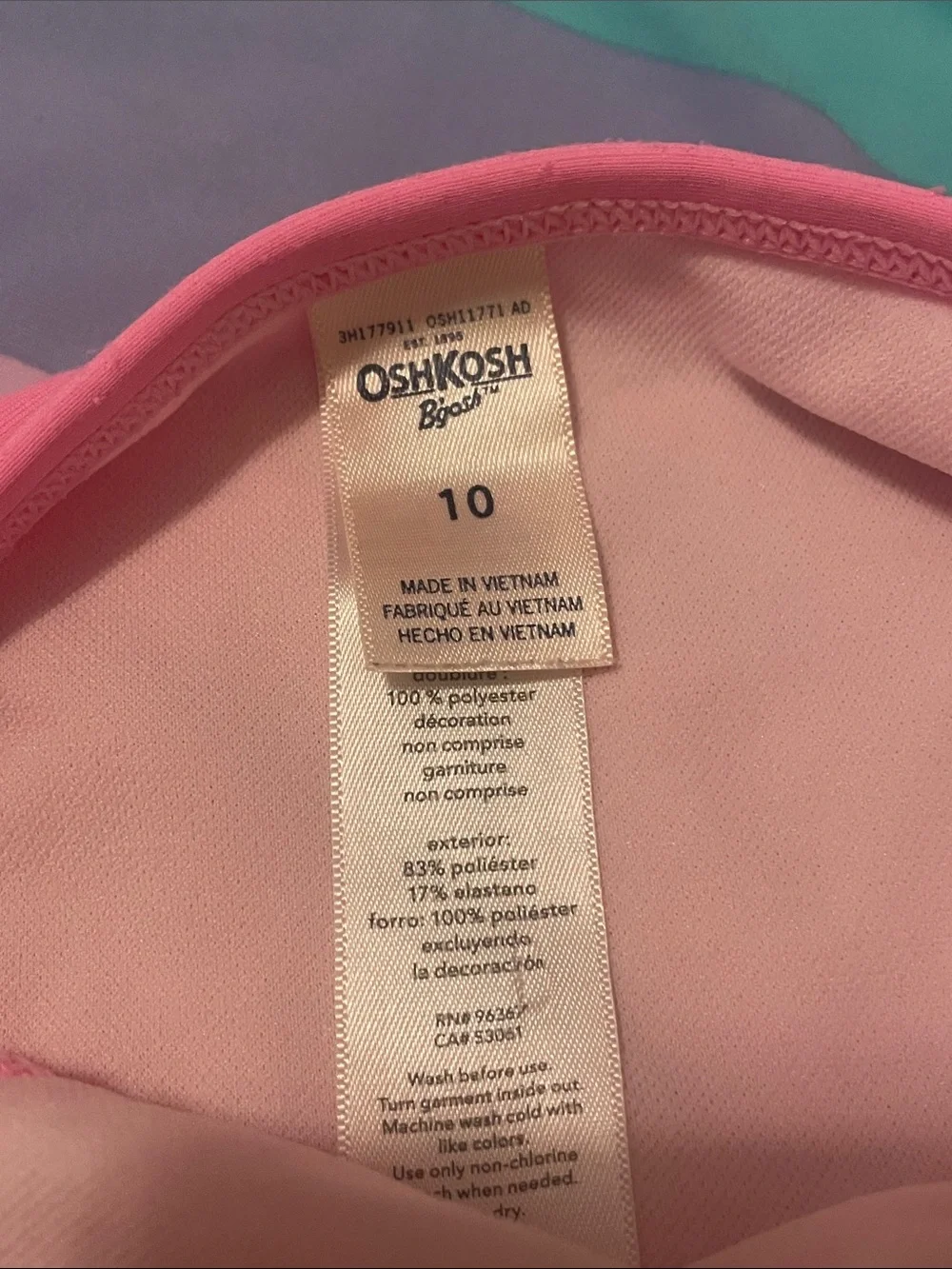 OshKosh B'gosh Pink, Aqua & Lavender Colorblock Sequin Smile Swim Set. Girls 10